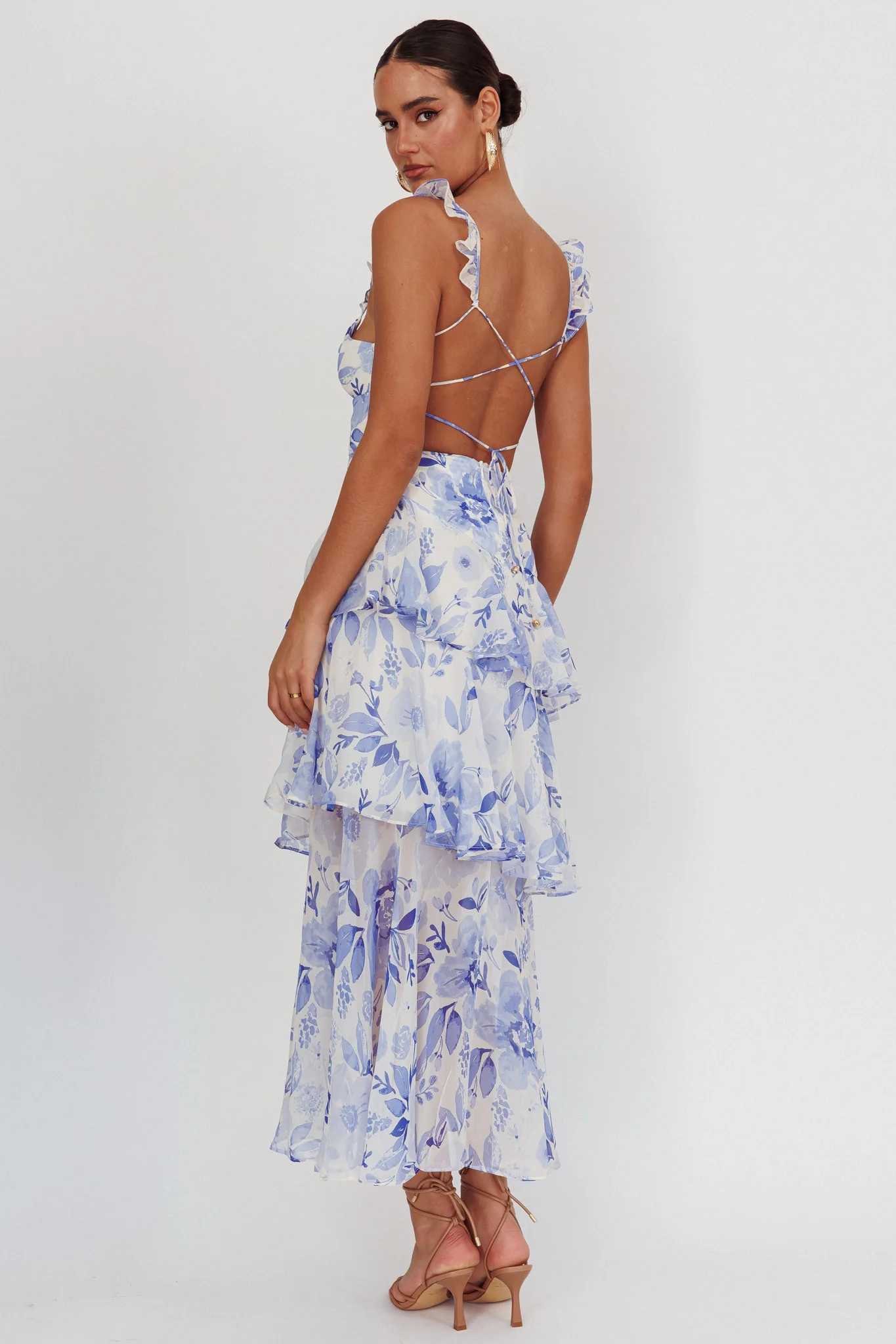 Veda Strappy Back Ruffle Maxi Dress Flowers Blue