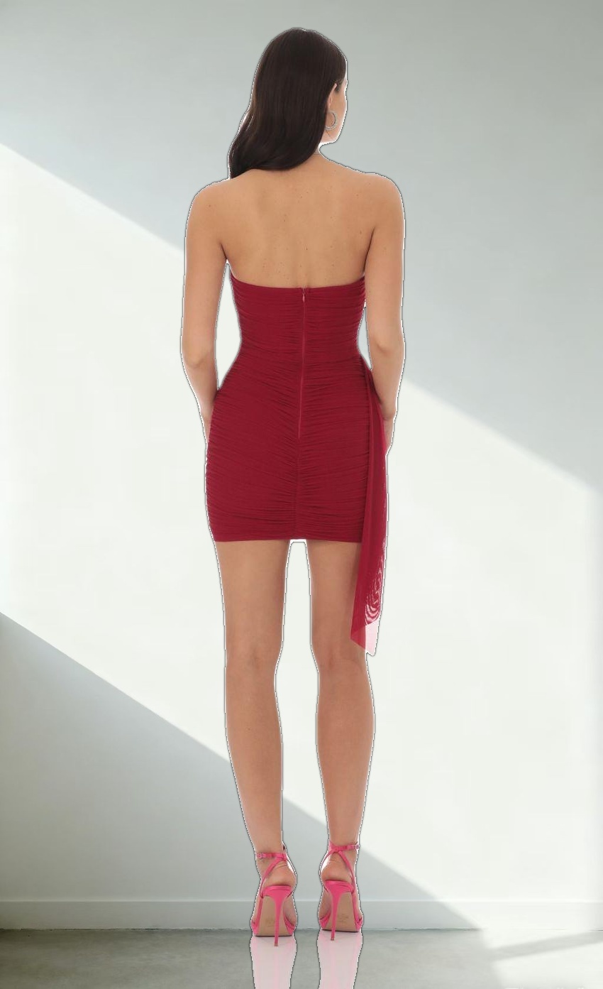 Mesh Draped Strapless Dress in Maroon