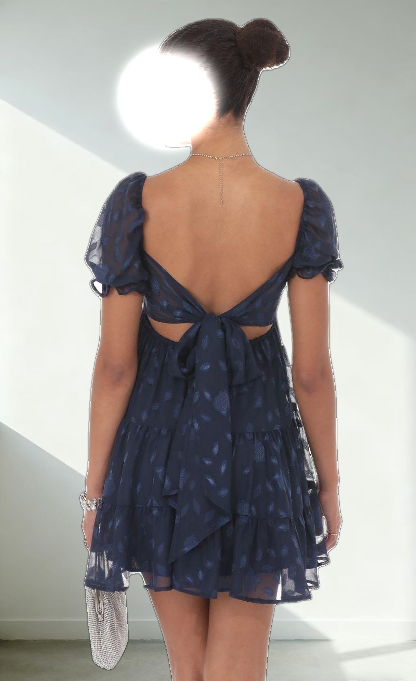 Floral Chiffon Fit and Flare Dress in Navy