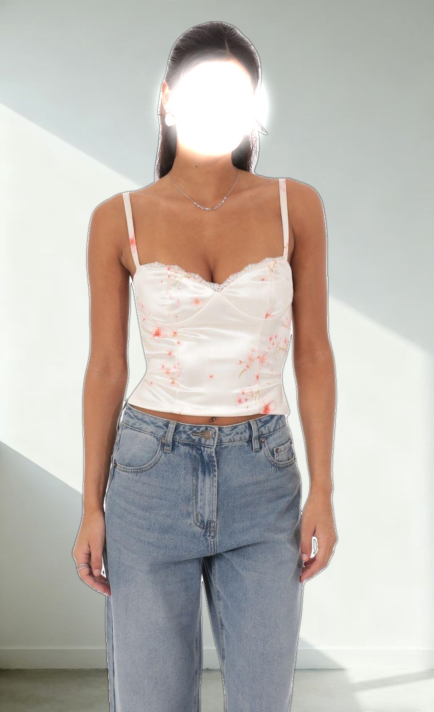 Floral Satin Open Back Tie Top in Cream