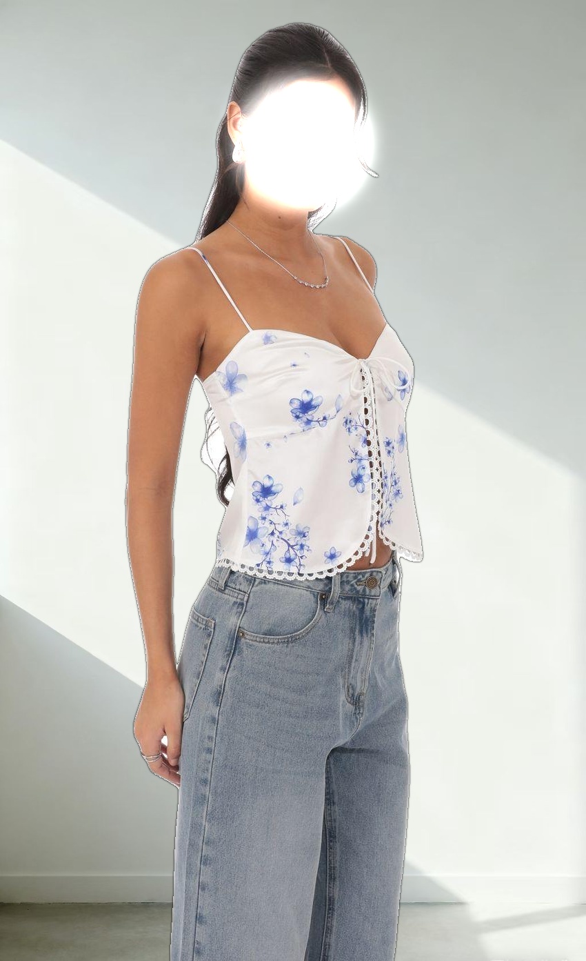 Satin Floral Front Tie Top in White