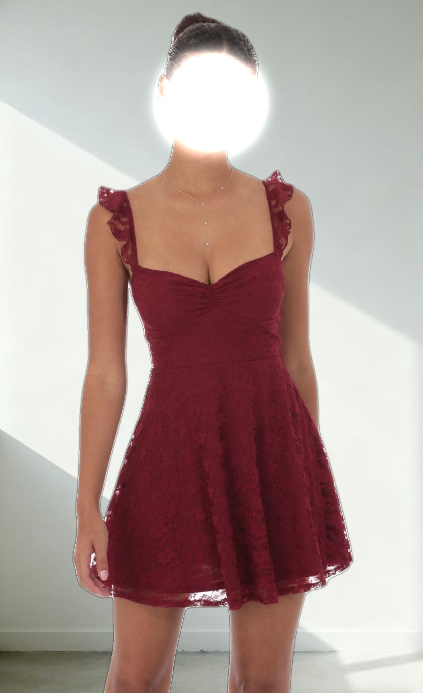 Lace Ruffle Strap A-Line Dress in Burgundy