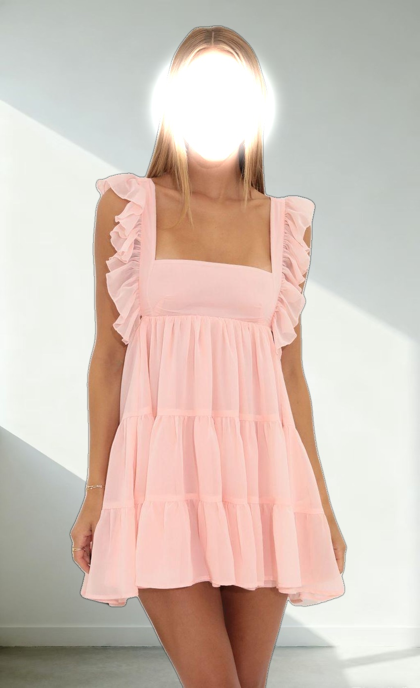 Chiffon Baby Doll Ruffle Dress in Pink