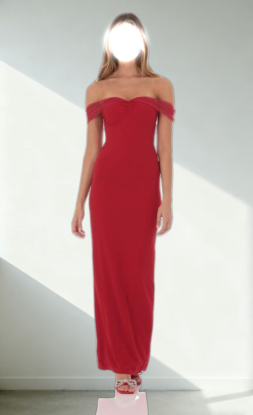 Tulle Off Shoulder Sleeve Maxi Dress in Red