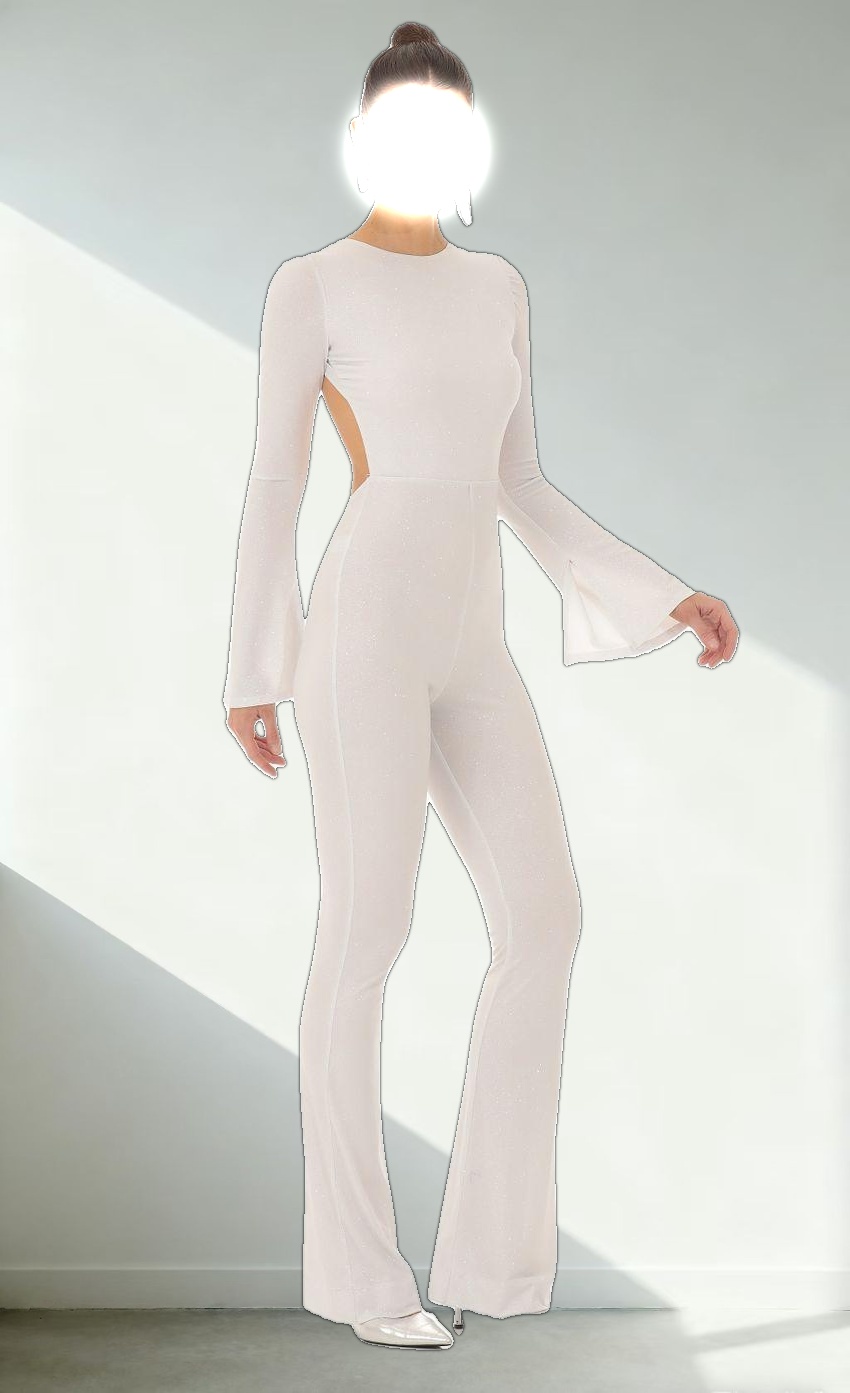 Silver Shimmer Open Back Jumpsuit in White
