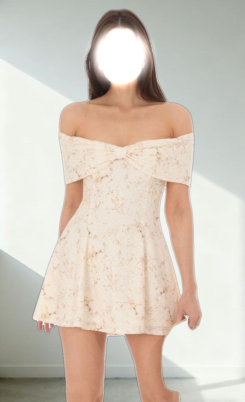 Front Bow Floral Off Shoulder Dress in Cream