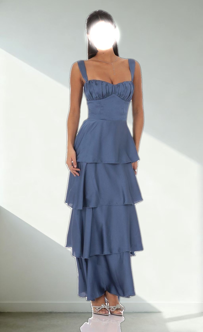Satin Ruffle Maxi Dress in Slate Blue