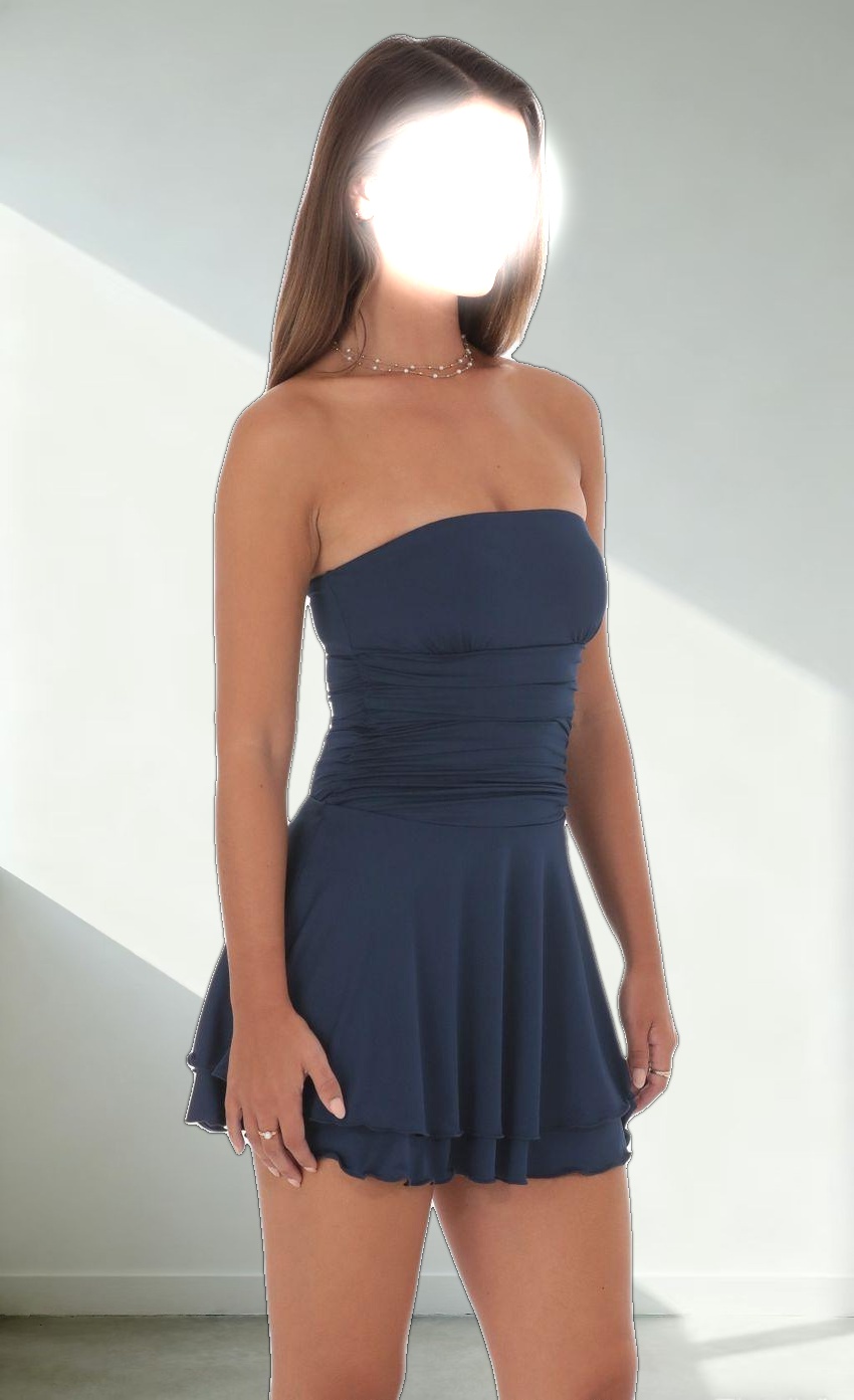 Strapless Ruched A-line Dress in Navy