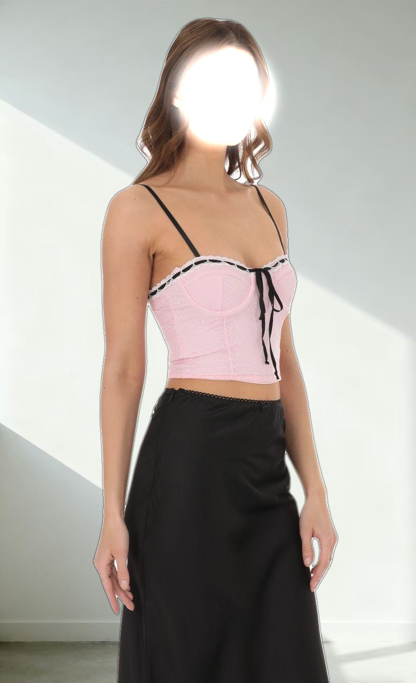 Black Ribbon Lace Crop Top in Pink