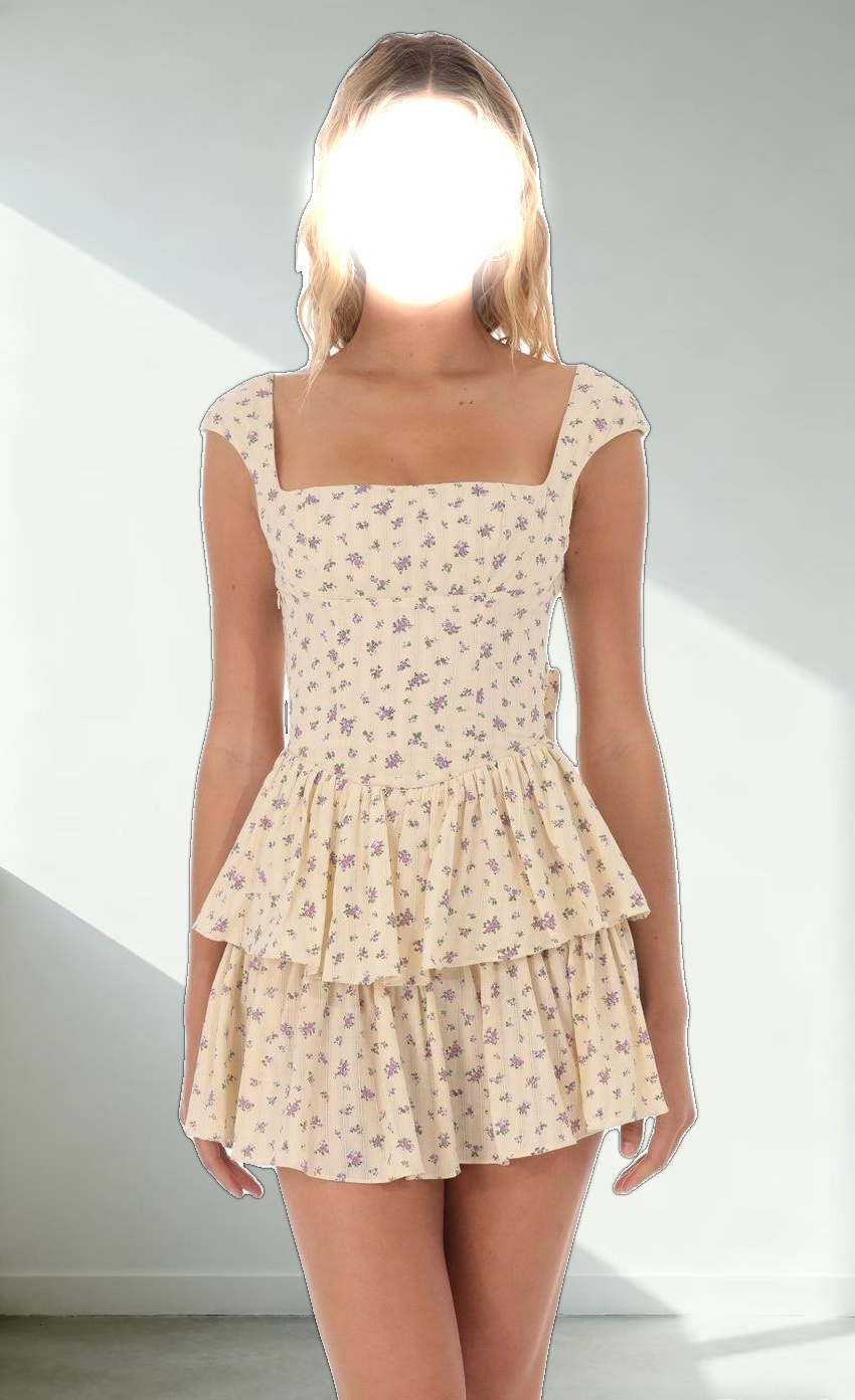 Floral Ruffle Capped Sleeve Dress in Yellow