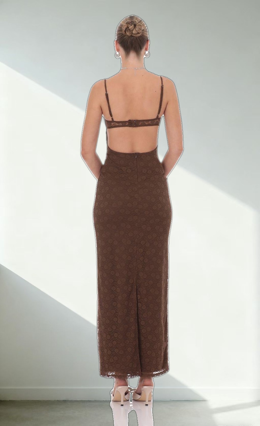 Lace Open Back Maxi Dress in Brown