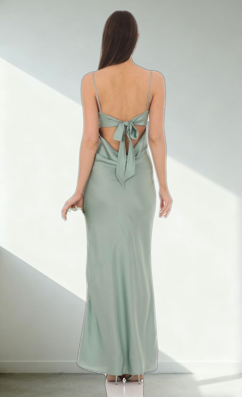 Satin Open Back Maxi Dress in Sage
