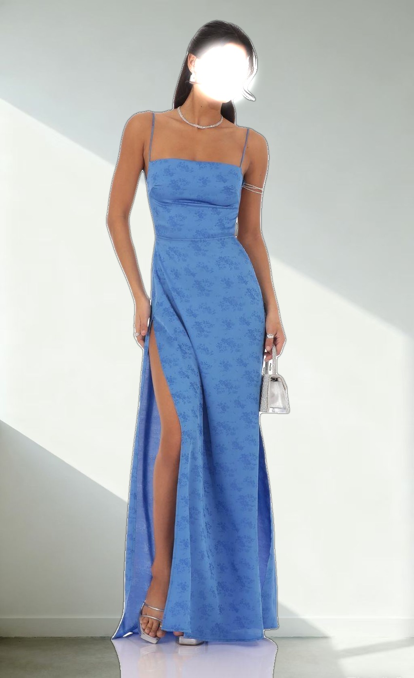 Satin Floral Maxi Dress in Blue