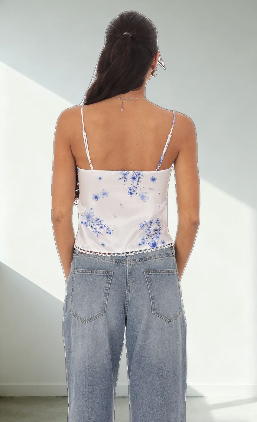 Satin Floral Front Tie Top in White