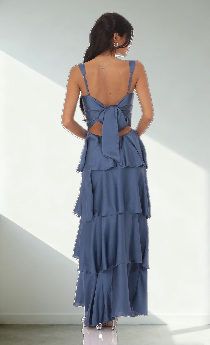 Satin Ruffle Maxi Dress in Slate Blue
