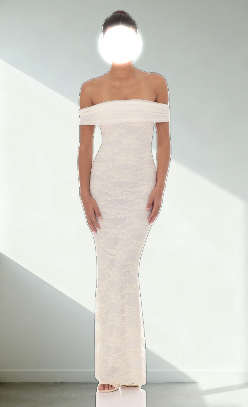 Off Shoulder Sheer Lace Maxi Dress in Cream