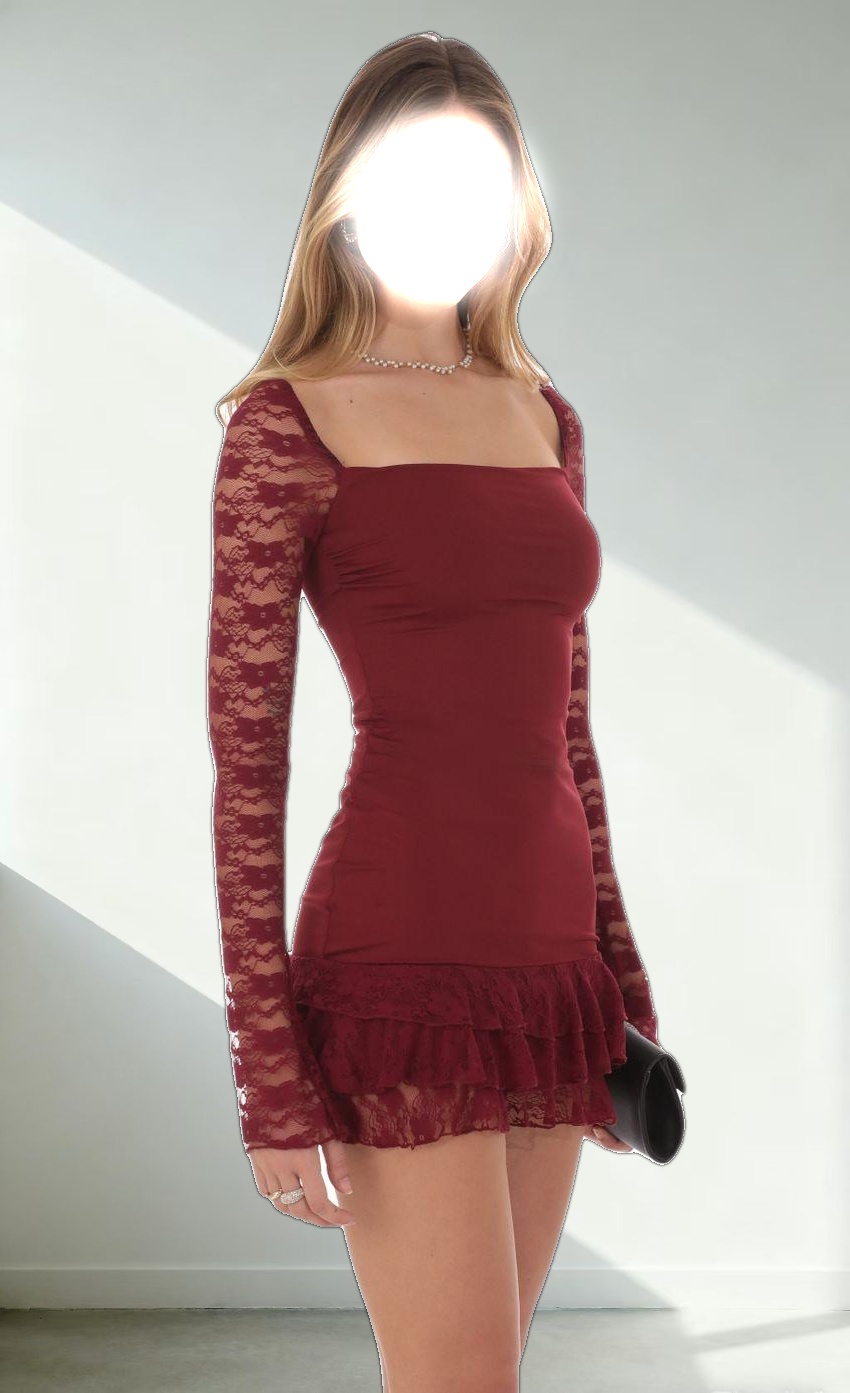 Lace Ruffle Bodycon Dress in Maroon