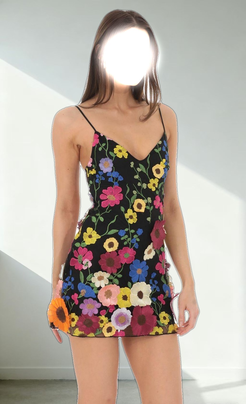 3-D Flower V-Neck Dress in Black