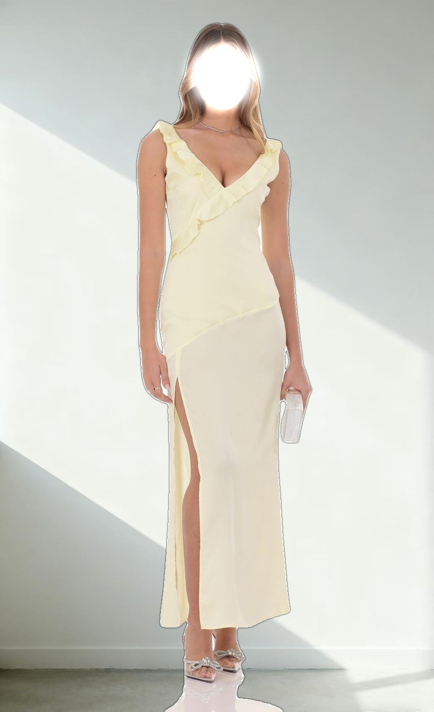 Satin V-Neck Open Back Maxi Dress in Pastel Yellow