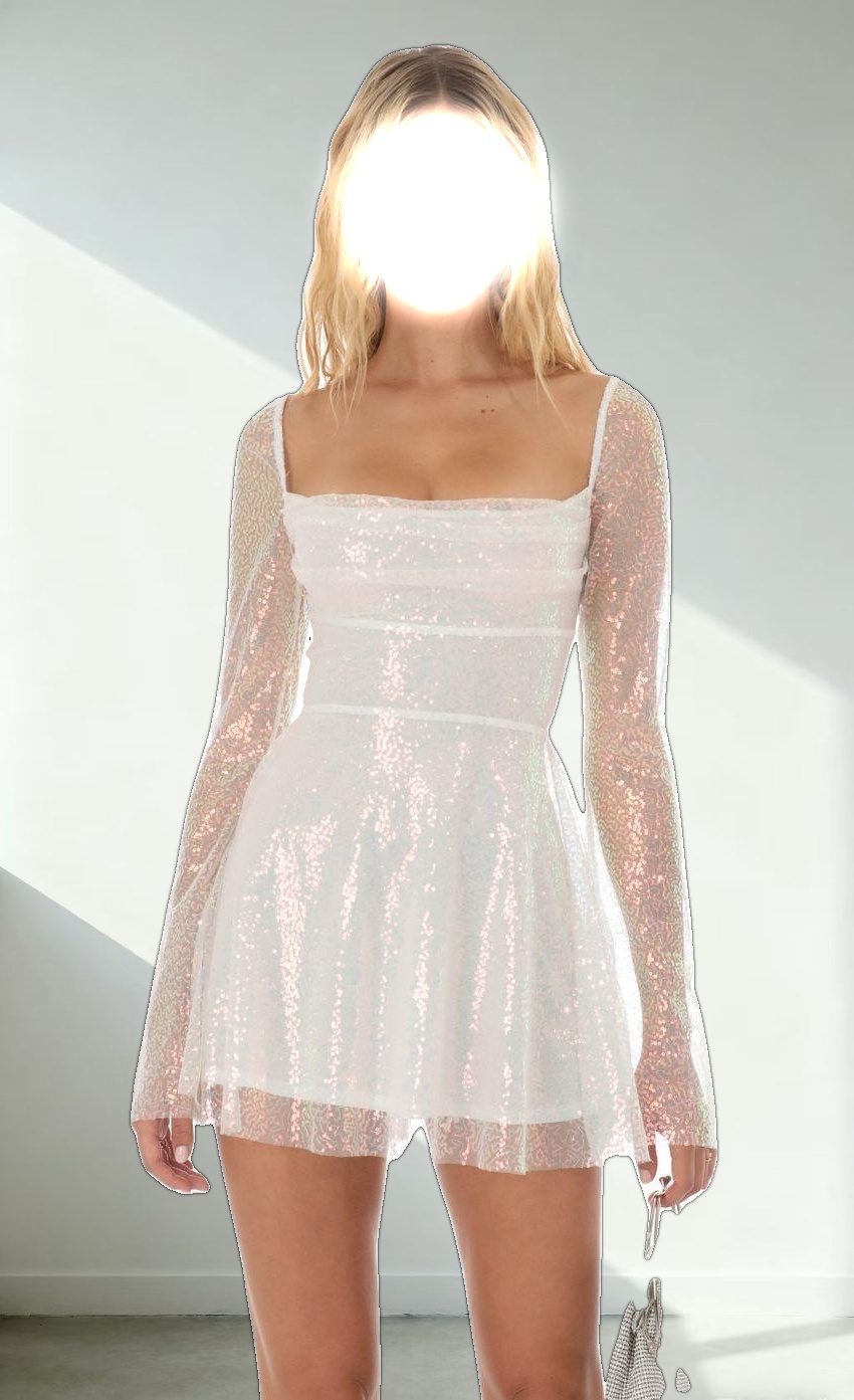 Iridescent Sequin Flare Dress in White