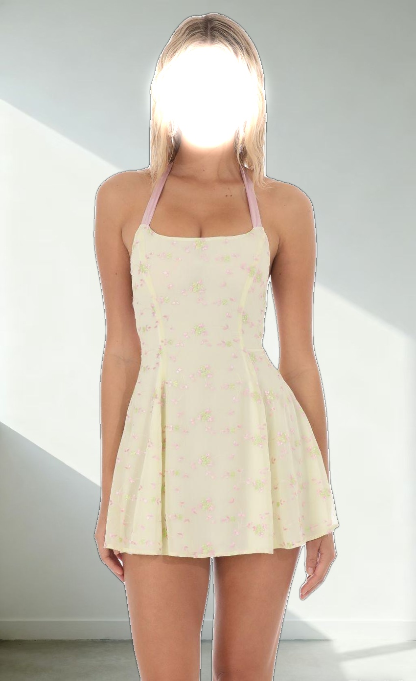 Halter Floral Embroidered Open Back Dress in Yellow