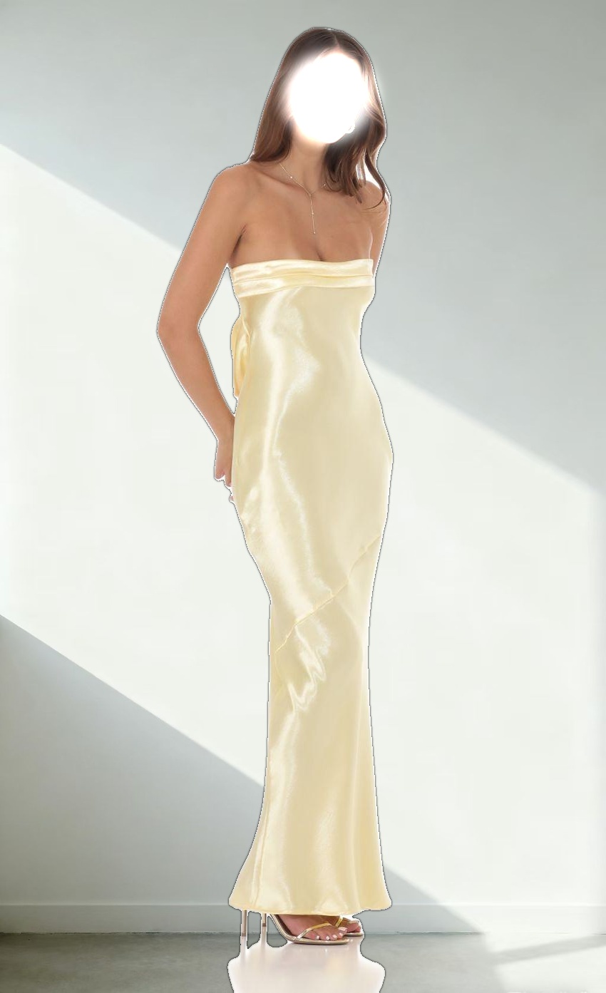 Strapless Satin Open Back Maxi Dress in Yellow