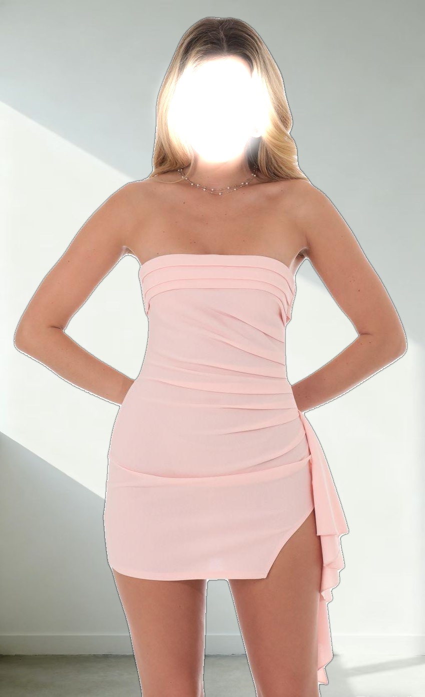 Strapless Ruched Tassel Dress in Pink