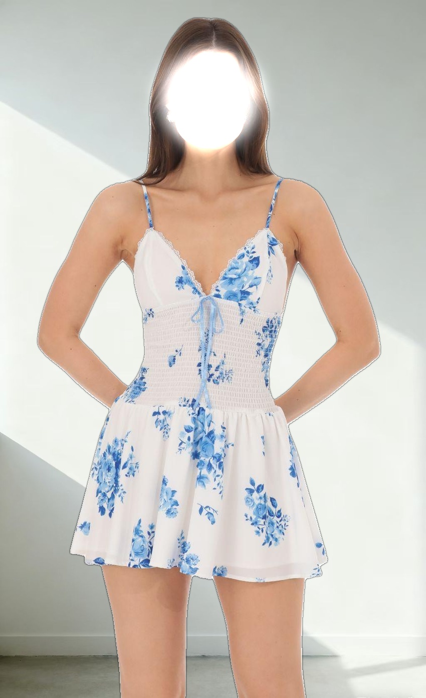 Blue Floral Smocked Ruffle Dress in White