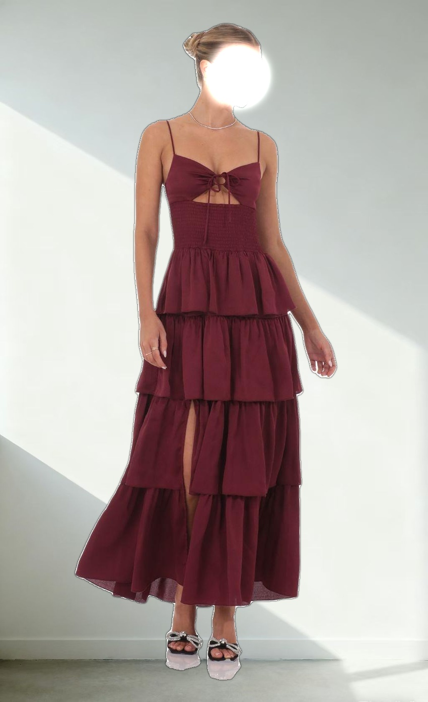 Cutout Ruffle Maxi Dress in Burgundy