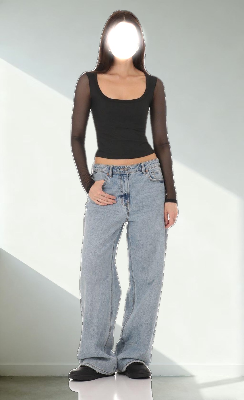 Mesh Scoop Long Sleeve Top in Black