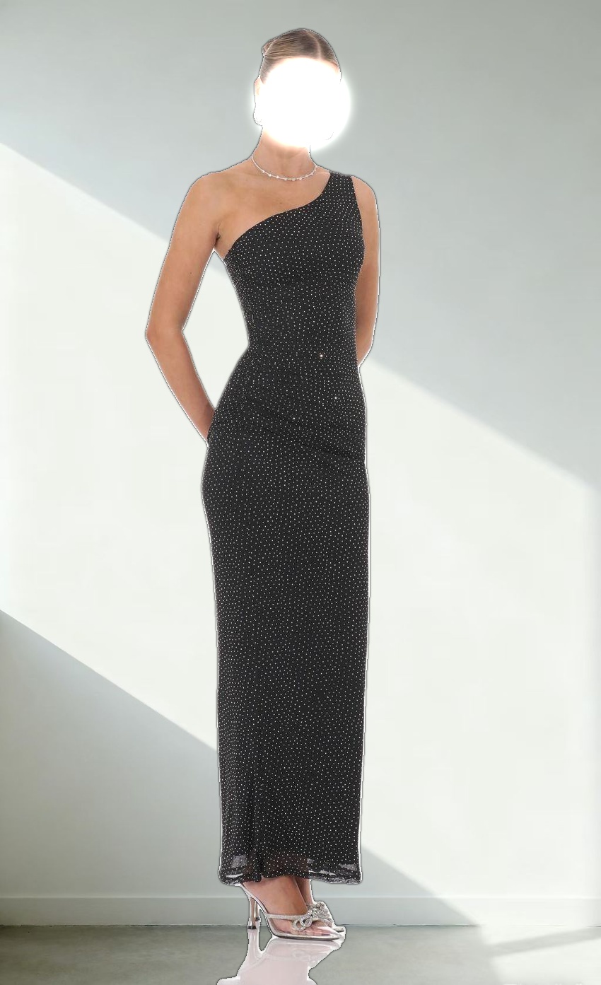 One Shoulder Rhinestone Maxi Dress in Black