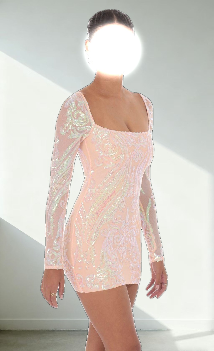 Iridescent Sequin Long Sleeve Dress in Peach