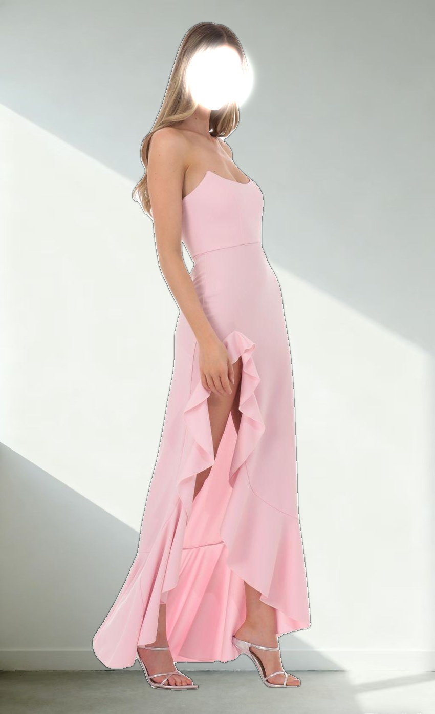 Ruffle Slit Strapless Corset Maxi Dress in Pink