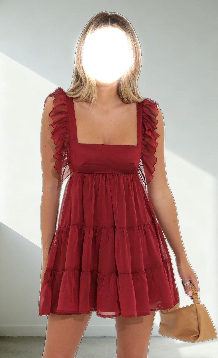 Chiffon Baby Doll Ruffle Dress in Red