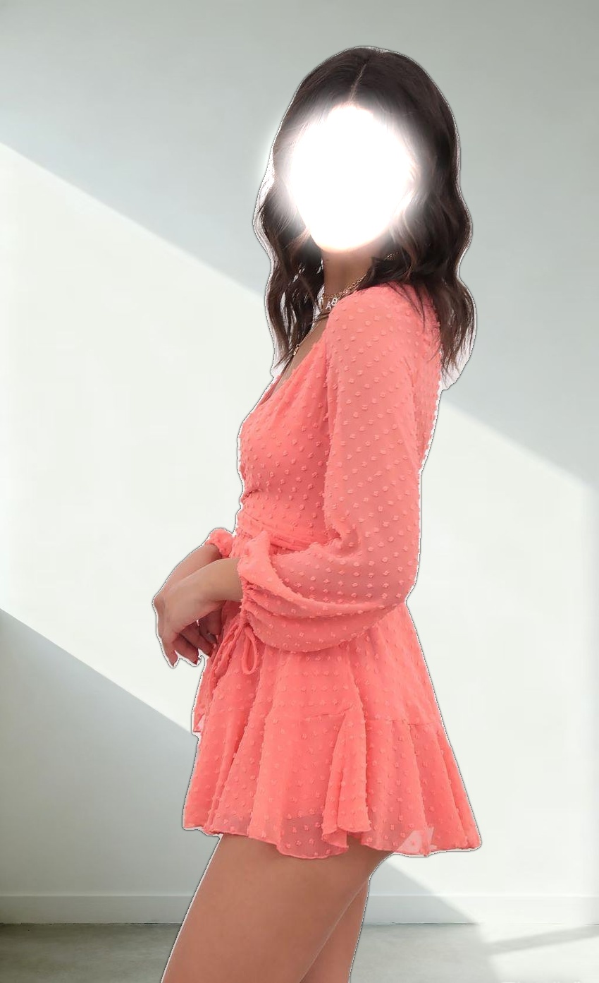 Dotted Long Sleeve Wrap Dress in Coral