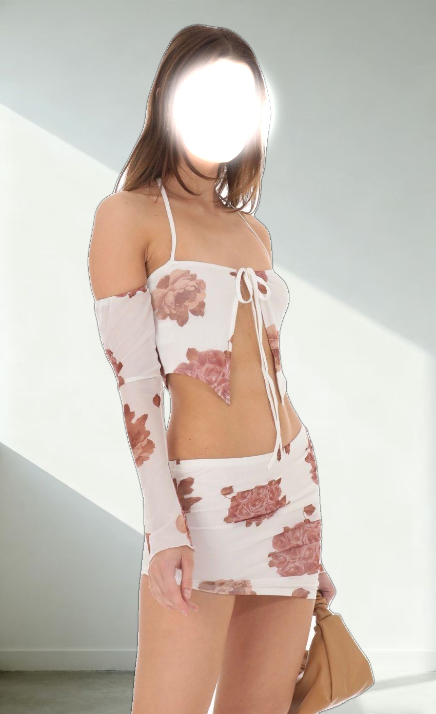 Two Piece Mesh Floral Set in White