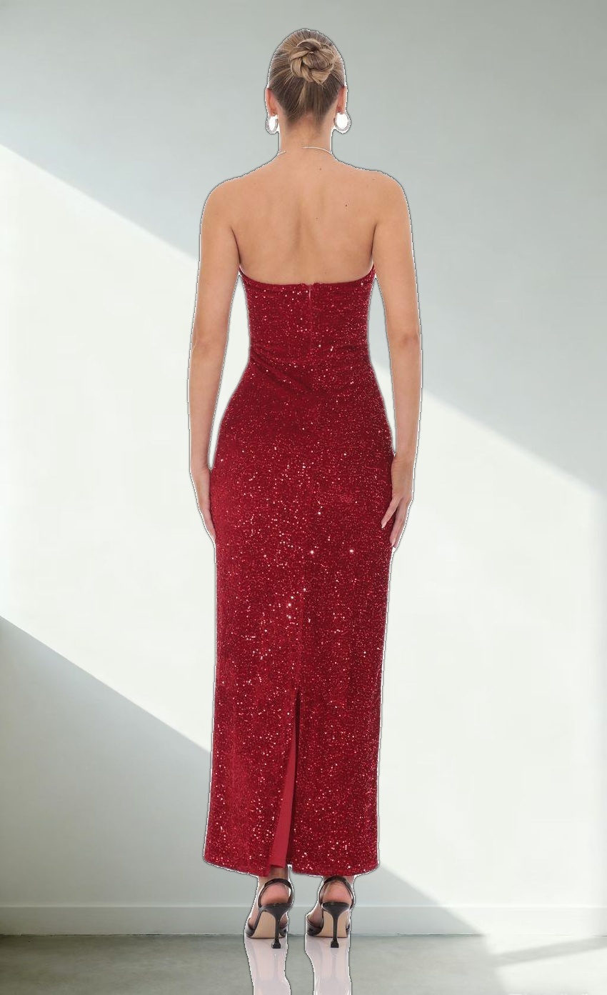 Velvet Sequin Strapless Maxi Dress in Red