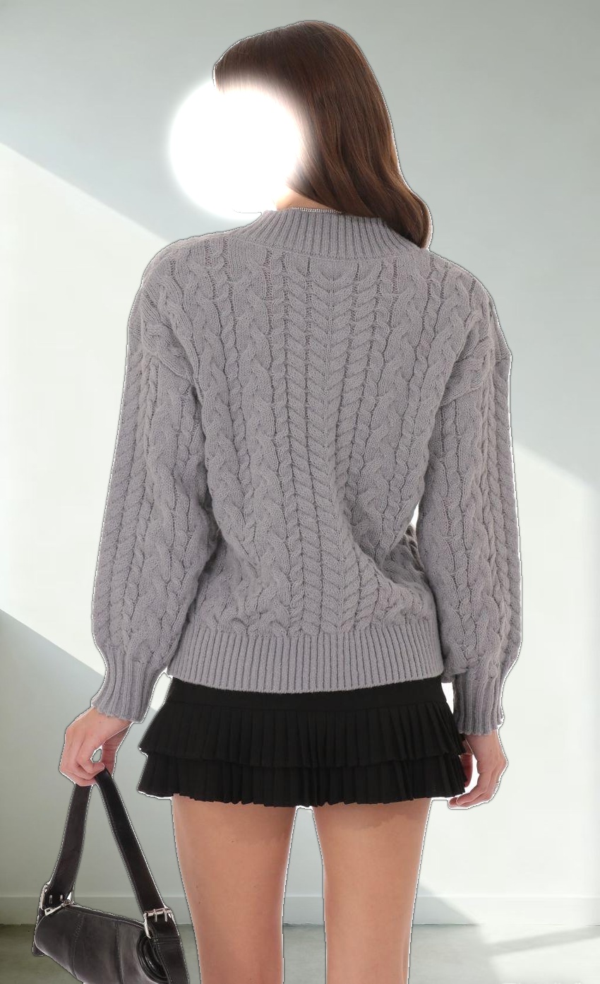 Cable Knit V-Neck Jumper in Grey