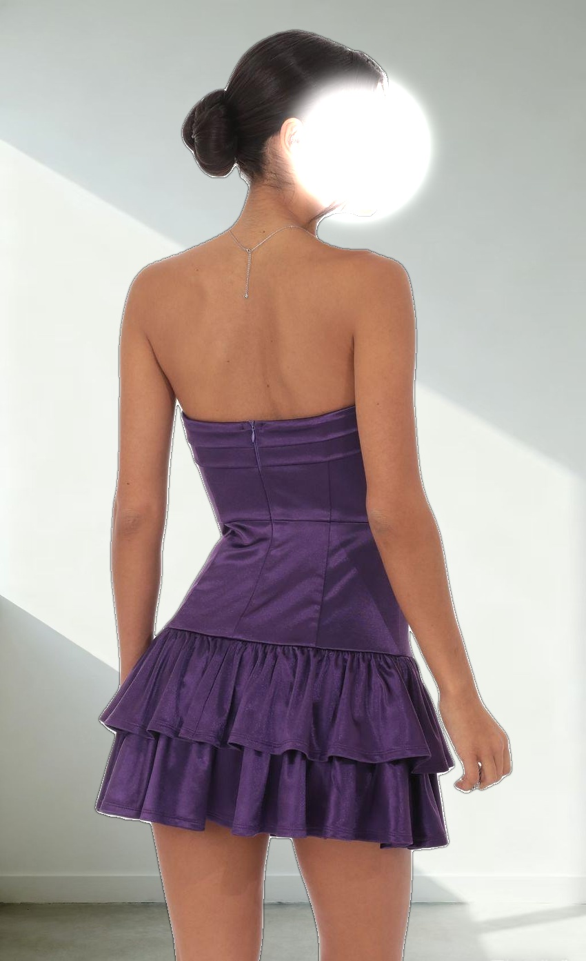 Satin Strapless Ruffle Dress in Purple