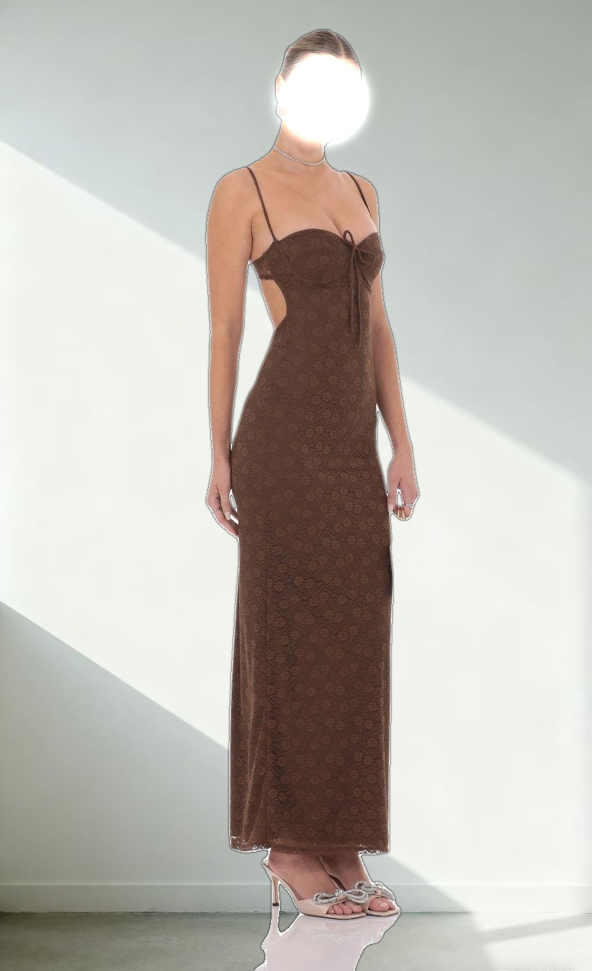 Lace Open Back Maxi Dress in Brown
