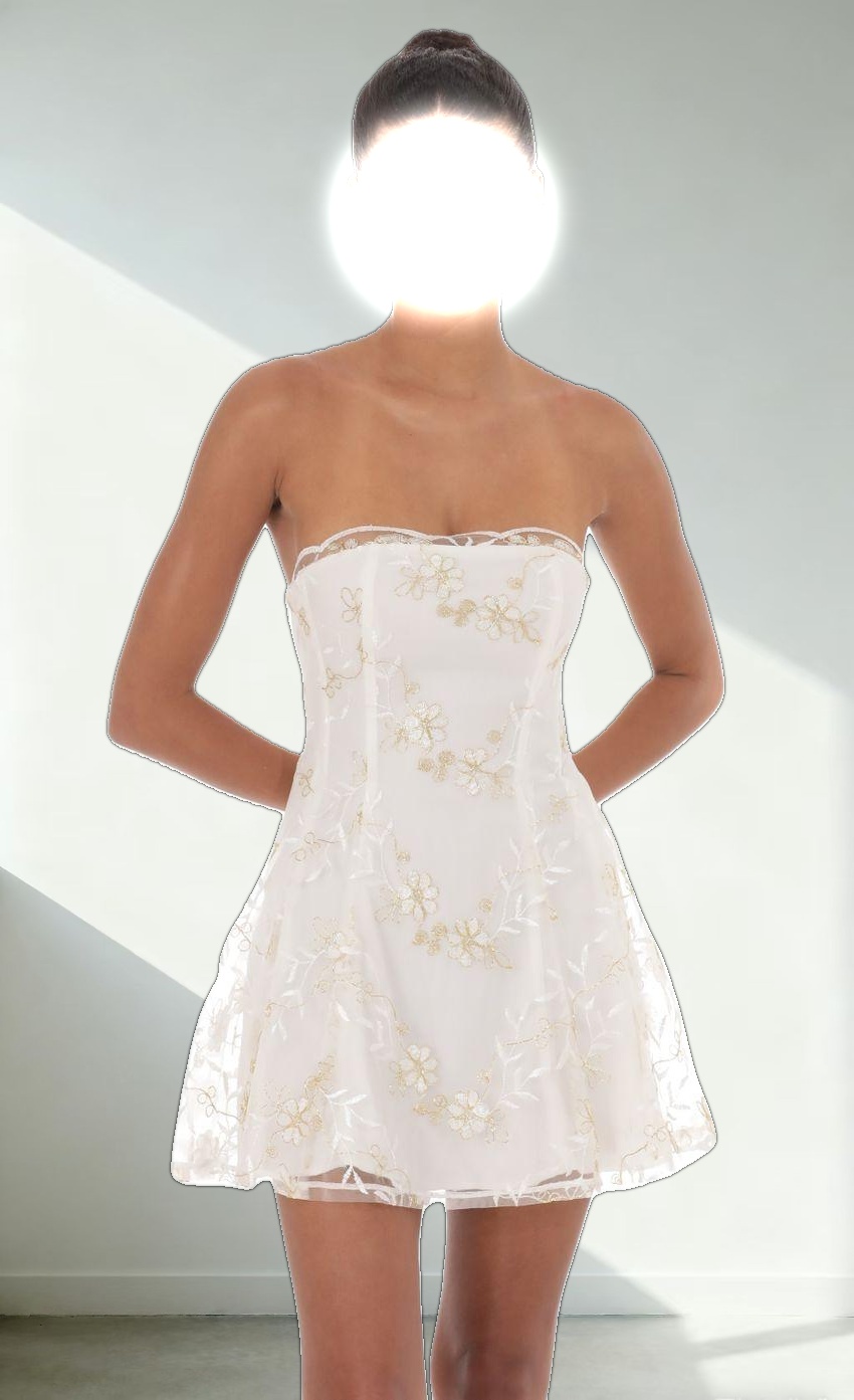 Embroidered Floral Strapless Dress in White