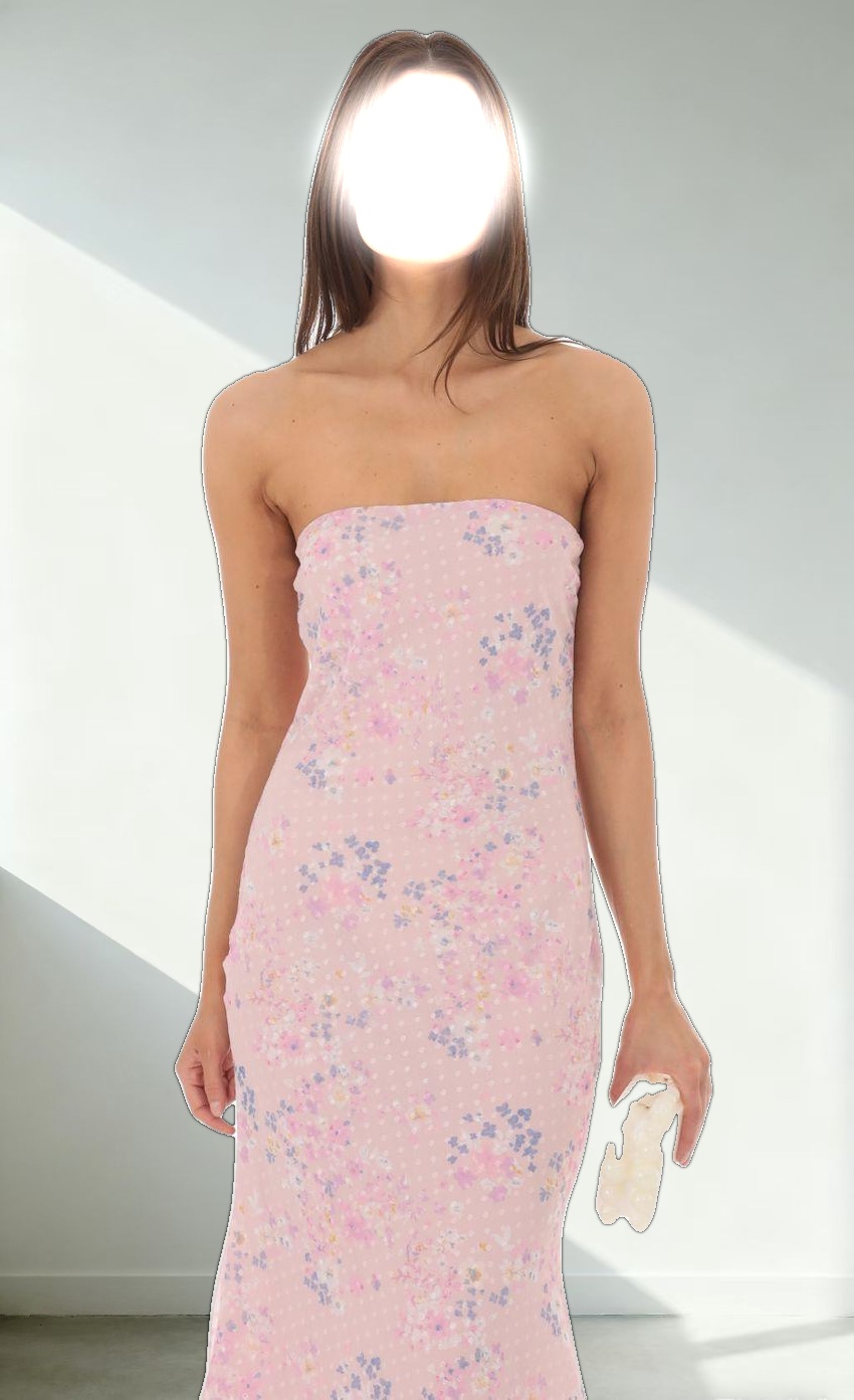 Dotted Floral Strapless Maxi Dress in Pink