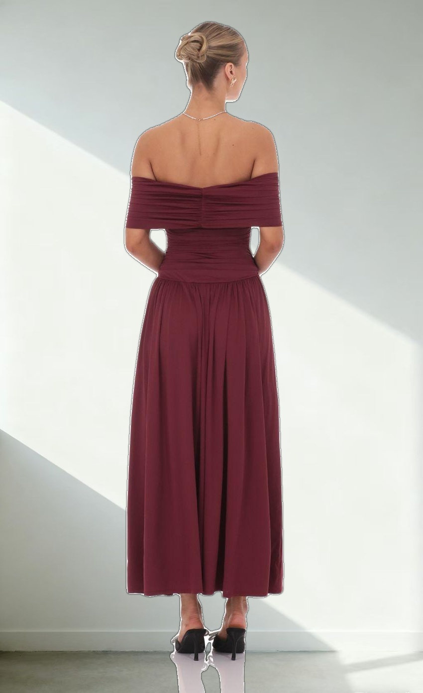 Off Shoulder Drop Waist Maxi Dress in Burgundy