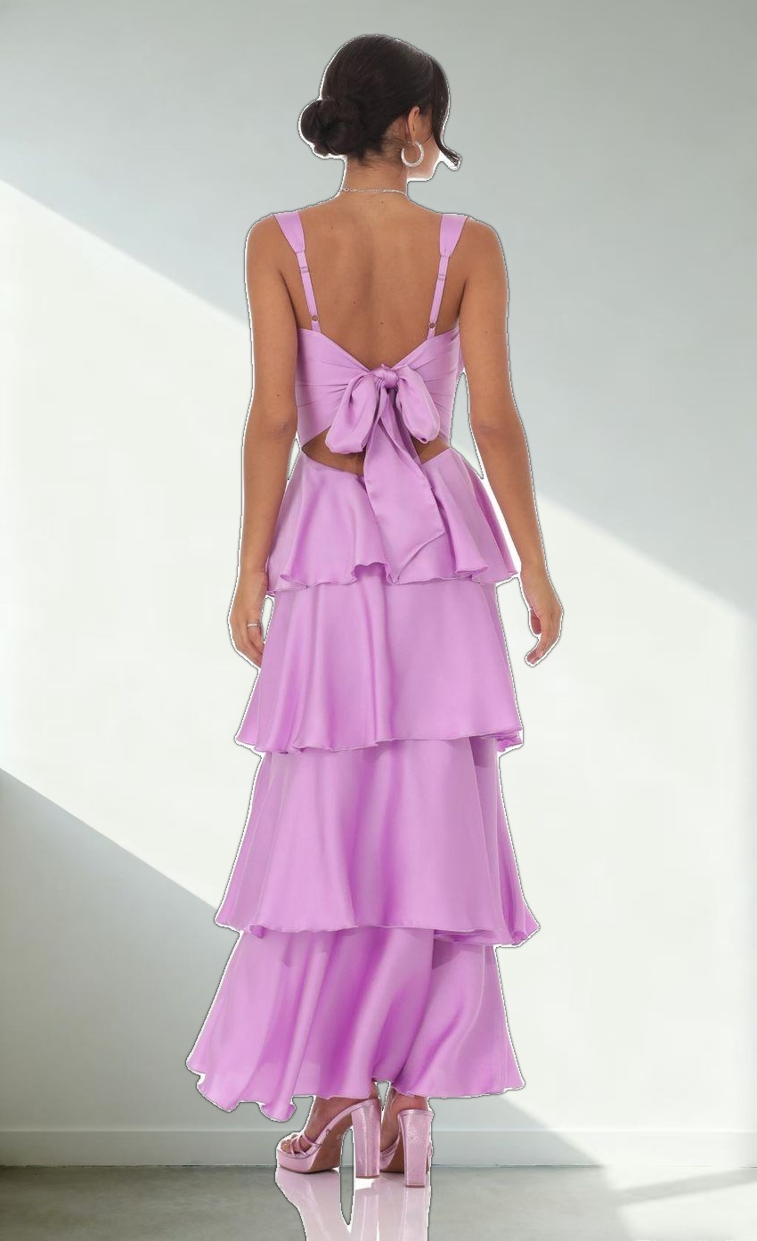Satin Ruffle Maxi Dress in Lilac