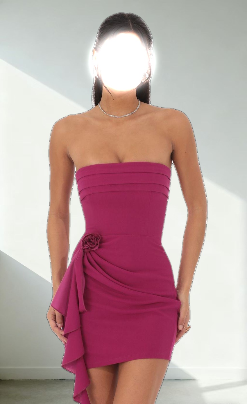 Rose Strapless Ruched Tassel Dress in Berry