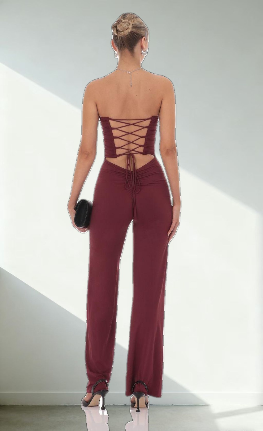 Strapless Pointed Corset Jumpsuit in Burgundy