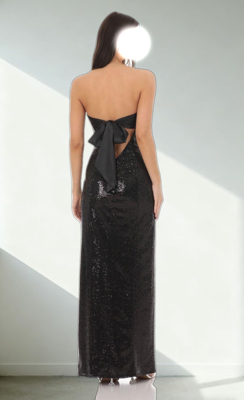 Sequin Satin Back Tie Maxi Dress in Black