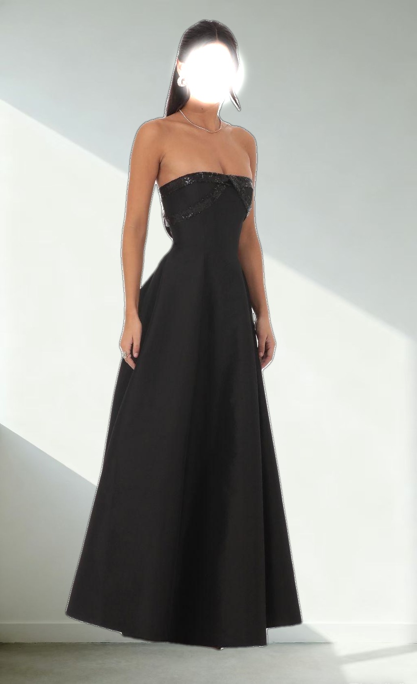 Sequin Draped Strapless Gown in Black
