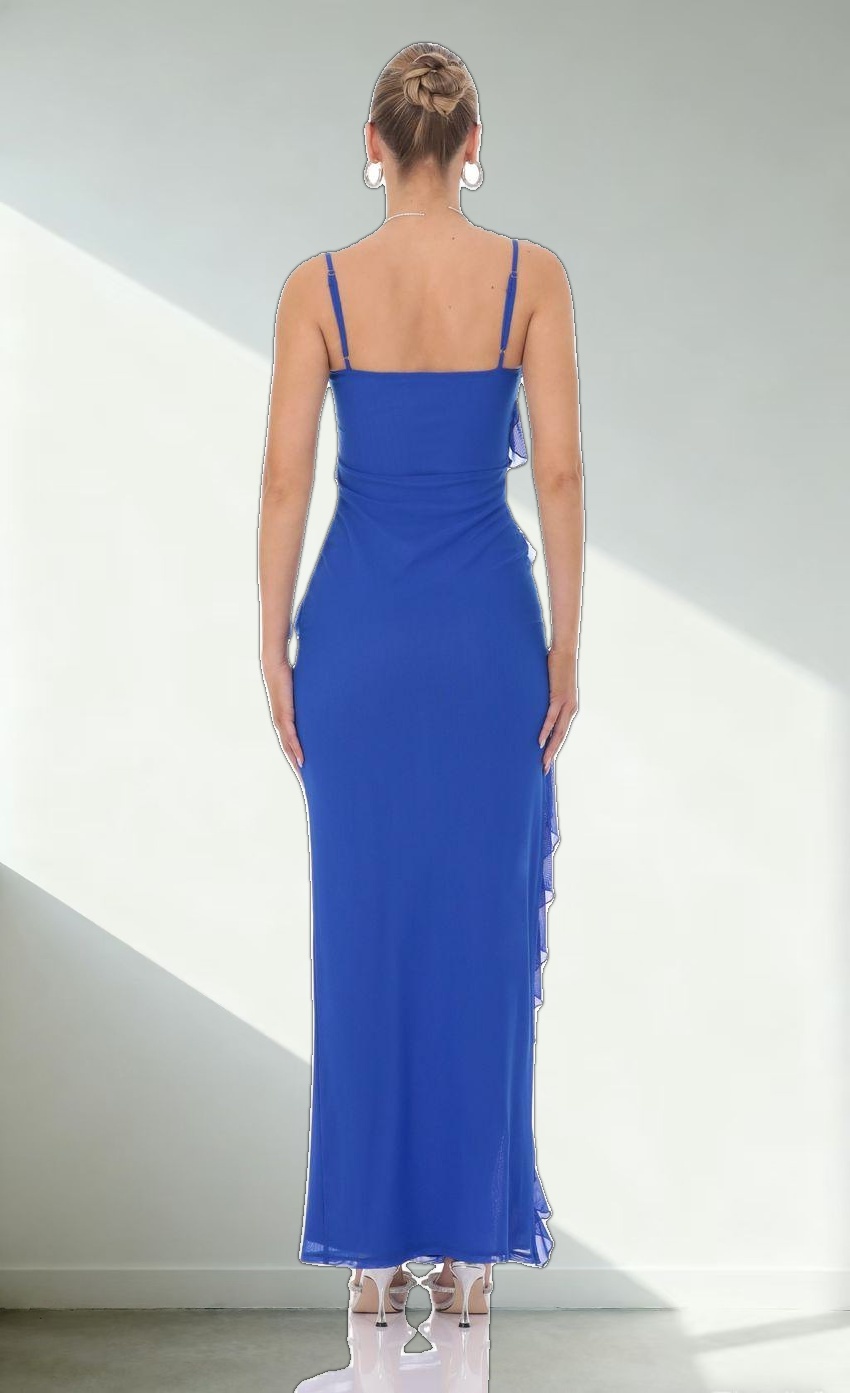 Ruffle Mesh Square Neck Maxi Dress in Royal Blue