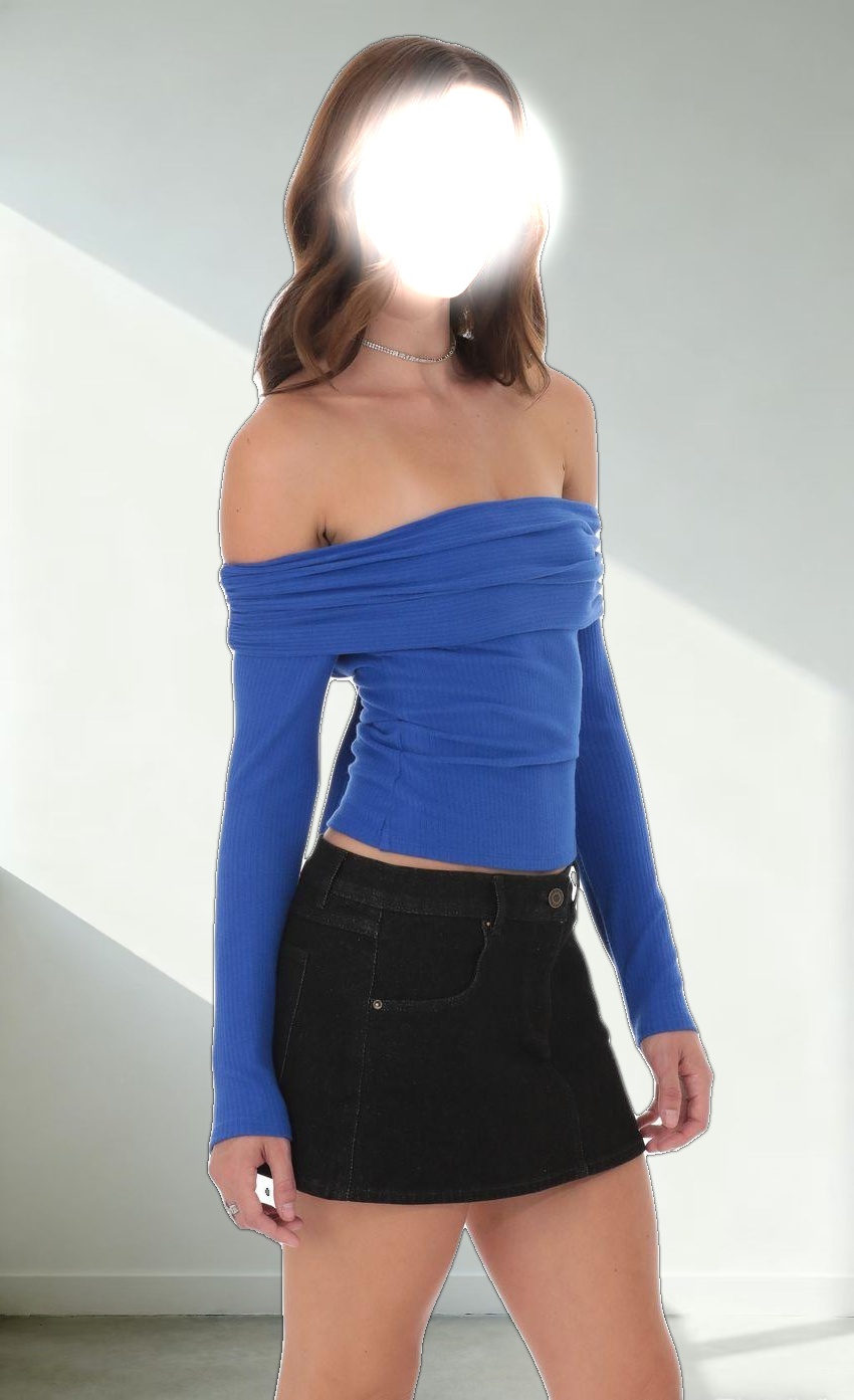 Ribbed Off Shoulder Back Tie Top in Blue